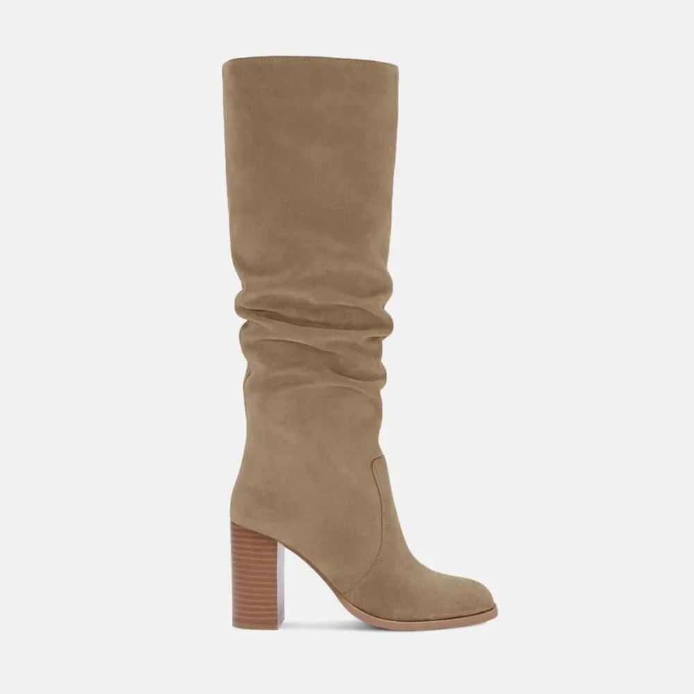 Women's Khaki Chunky High Heel Square Zipper Wide Calf Knee High Boots